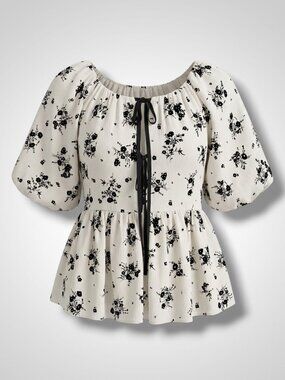 English Factory Ivory & Black Floral Smocked Crop Peekaboo Top S